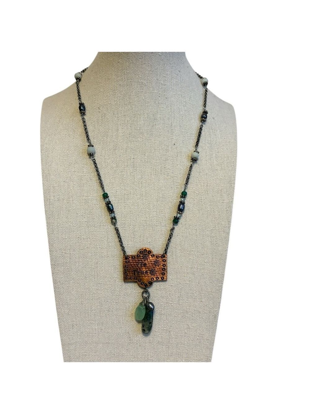 Handcrafted Copper Be True Pendant Necklace Green Accents